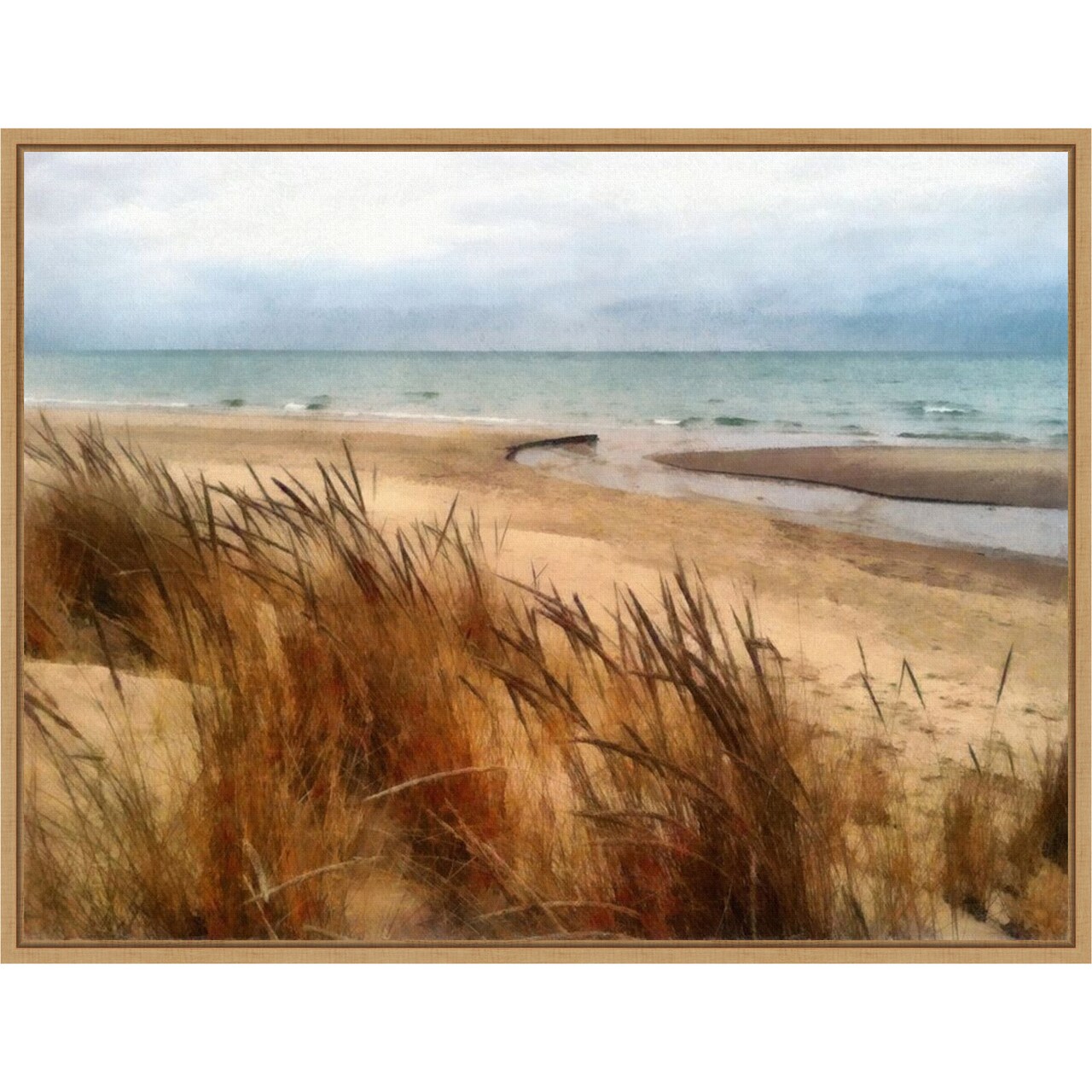 Pier Cove Beach With Autumn Grasses by Michelle Calkins 24-in. W x 18-in. H. Canvas Wall Art Print Framed in Natural
